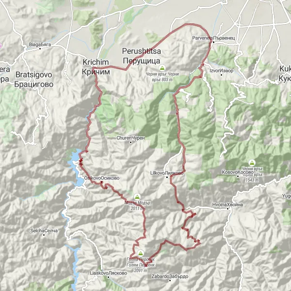 Map miniature of "Krichim-Perushtitsa-Kabata-Osikovo" cycling inspiration in Yuzhen tsentralen, Bulgaria. Generated by Tarmacs.app cycling route planner