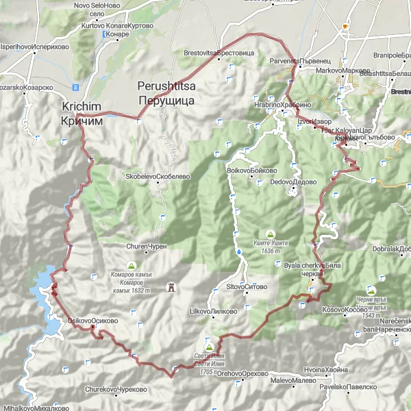 Map miniature of "Gravel Adventure: Krichim Off-Road Extravaganza" cycling inspiration in Yuzhen tsentralen, Bulgaria. Generated by Tarmacs.app cycling route planner