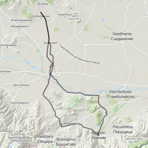 Map miniature of "Krichim-Kapitan Dimitrievo-Pazardzhik-NovoSelo" cycling inspiration in Yuzhen tsentralen, Bulgaria. Generated by Tarmacs.app cycling route planner