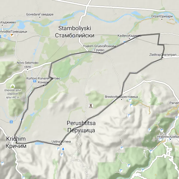 Map miniature of "Krichim-Yoakim Gruevo-Brestovitsa-Krichim" cycling inspiration in Yuzhen tsentralen, Bulgaria. Generated by Tarmacs.app cycling route planner