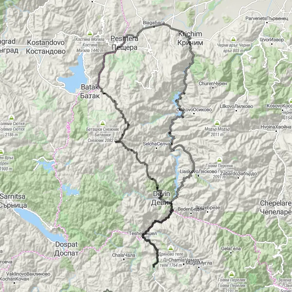 Map miniature of "Broadacre Road Cycling Route" cycling inspiration in Yuzhen tsentralen, Bulgaria. Generated by Tarmacs.app cycling route planner