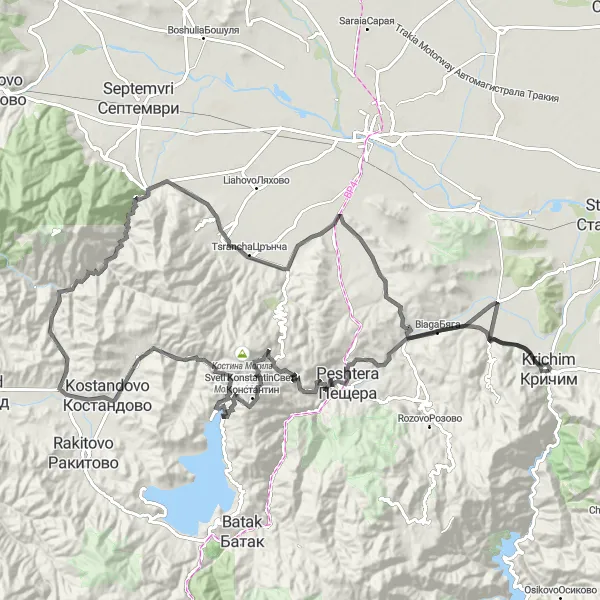 Map miniature of "Krichim to Asenovata Krepost and Back" cycling inspiration in Yuzhen tsentralen, Bulgaria. Generated by Tarmacs.app cycling route planner