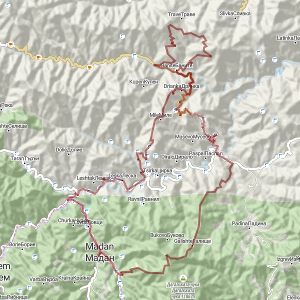 Map miniature of "Gravel Adventure in the Rhodope Mountains" cycling inspiration in Yuzhen tsentralen, Bulgaria. Generated by Tarmacs.app cycling route planner