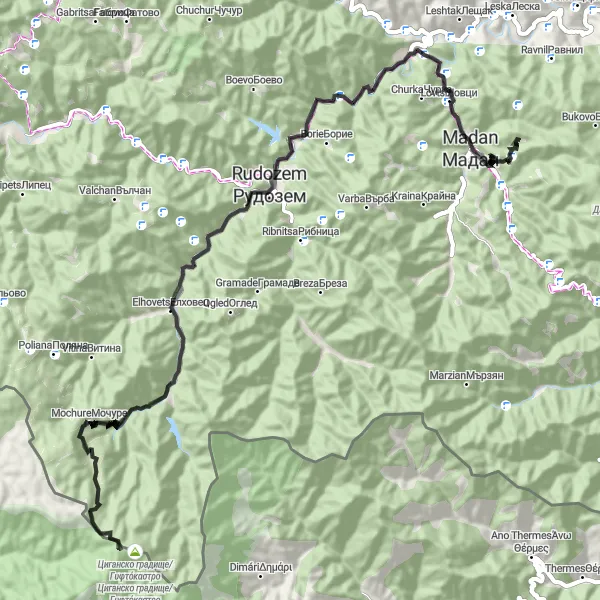 Map miniature of "The Enchanting Castle Route" cycling inspiration in Yuzhen tsentralen, Bulgaria. Generated by Tarmacs.app cycling route planner