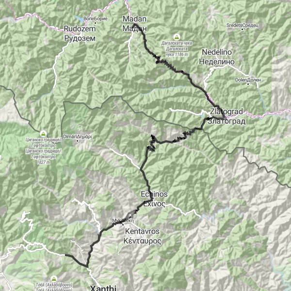 Map miniature of "The Majestic Thracian Route" cycling inspiration in Yuzhen tsentralen, Bulgaria. Generated by Tarmacs.app cycling route planner