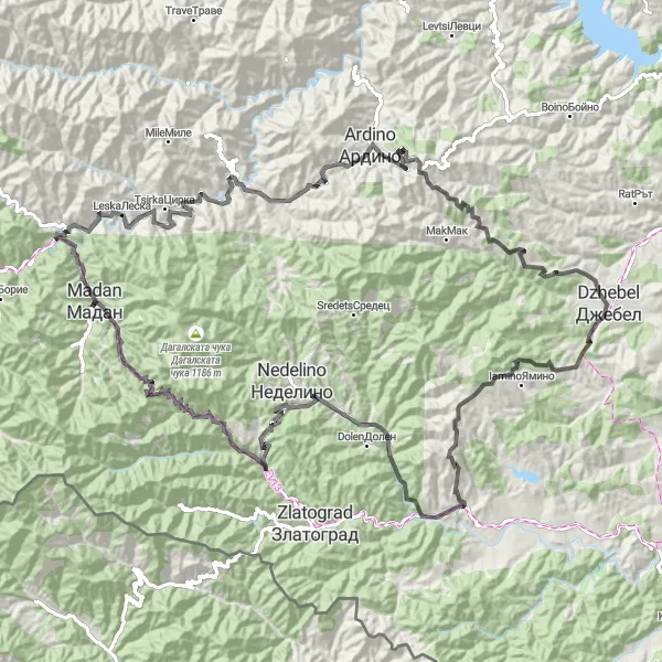 Map miniature of "Road Cycling Route 1" cycling inspiration in Yuzhen tsentralen, Bulgaria. Generated by Tarmacs.app cycling route planner