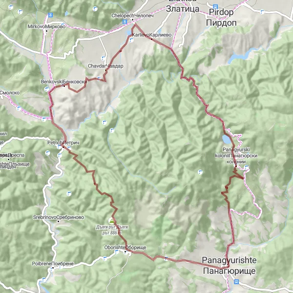 Map miniature of "Gravel Adventure: Panagyurishte-Koruminash Loop" cycling inspiration in Yuzhen tsentralen, Bulgaria. Generated by Tarmacs.app cycling route planner