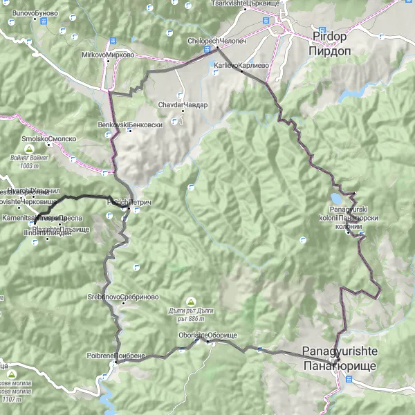 Map miniature of "Panagyurishte-Petrich Adventure" cycling inspiration in Yuzhen tsentralen, Bulgaria. Generated by Tarmacs.app cycling route planner