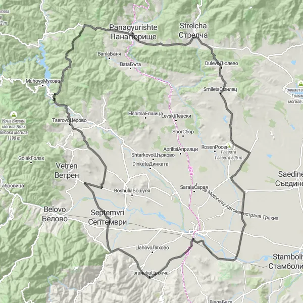 Map miniature of "Countryside Road Cycling Adventure" cycling inspiration in Yuzhen tsentralen, Bulgaria. Generated by Tarmacs.app cycling route planner