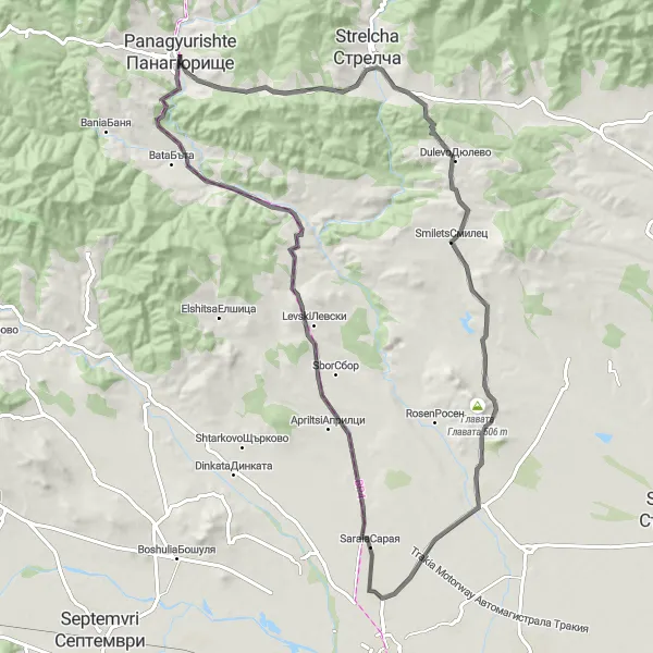 Map miniature of "Strelcha-Ovchepoltsi-Dudekova Kushta Loop" cycling inspiration in Yuzhen tsentralen, Bulgaria. Generated by Tarmacs.app cycling route planner