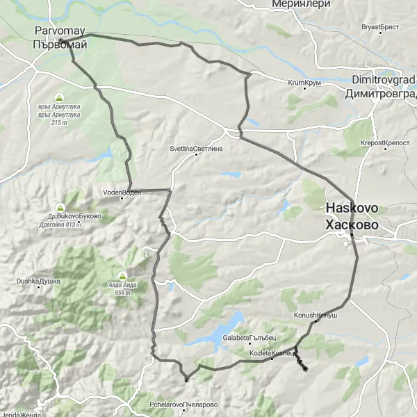 Map miniature of "Road Cycling Adventure to Klokotnitsa and Byala Reka" cycling inspiration in Yuzhen tsentralen, Bulgaria. Generated by Tarmacs.app cycling route planner