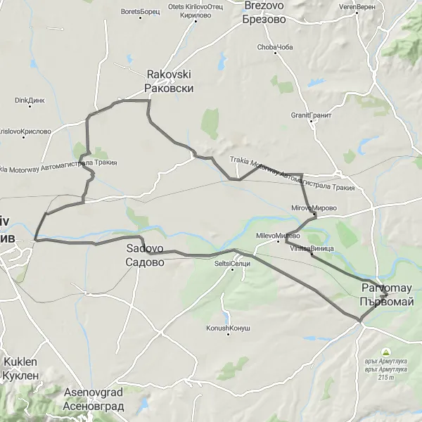 Map miniature of "Parvomay Road" cycling inspiration in Yuzhen tsentralen, Bulgaria. Generated by Tarmacs.app cycling route planner