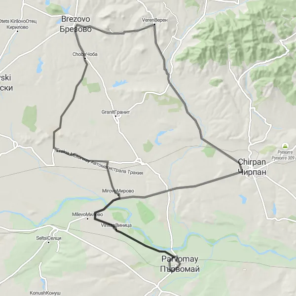 Map miniature of "Brezovo Scenic Road" cycling inspiration in Yuzhen tsentralen, Bulgaria. Generated by Tarmacs.app cycling route planner