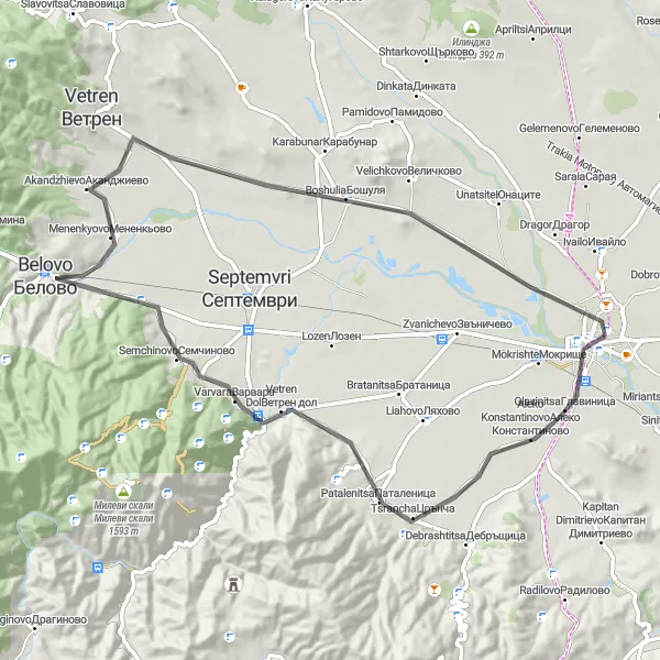 Map miniature of "Explore the Beauty of Balkan Mountains: Route from Pazardzhik to Varvara" cycling inspiration in Yuzhen tsentralen, Bulgaria. Generated by Tarmacs.app cycling route planner