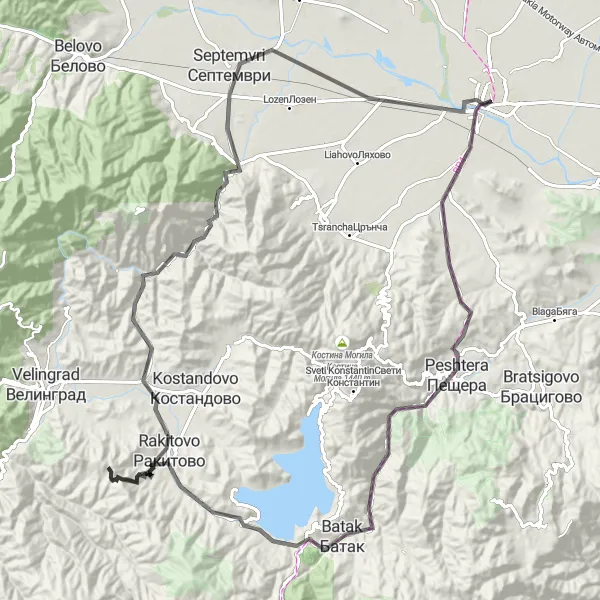 Map miniature of "Scenic Road Cycling Route from Pazardzhik to Duvarishteto" cycling inspiration in Yuzhen tsentralen, Bulgaria. Generated by Tarmacs.app cycling route planner