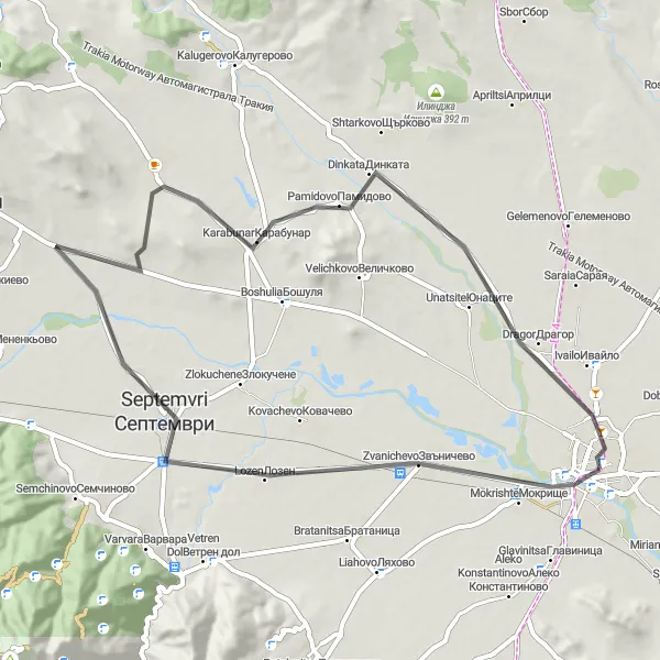 Map miniature of "Discovering Septemvri from Pazardzhik" cycling inspiration in Yuzhen tsentralen, Bulgaria. Generated by Tarmacs.app cycling route planner