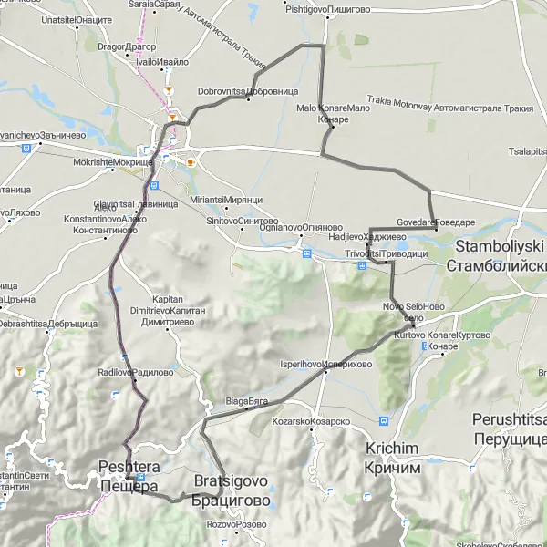 Map miniature of "The Pristine Pazardzhik Adventure" cycling inspiration in Yuzhen tsentralen, Bulgaria. Generated by Tarmacs.app cycling route planner