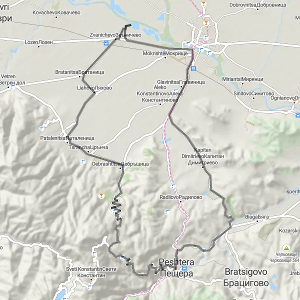 Map miniature of "Debrashtitsa and Kapitan Dimitrievo Loop" cycling inspiration in Yuzhen tsentralen, Bulgaria. Generated by Tarmacs.app cycling route planner