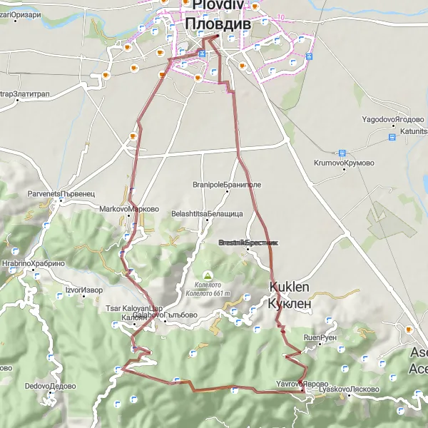 Map miniature of "The Gravel Adventure" cycling inspiration in Yuzhen tsentralen, Bulgaria. Generated by Tarmacs.app cycling route planner