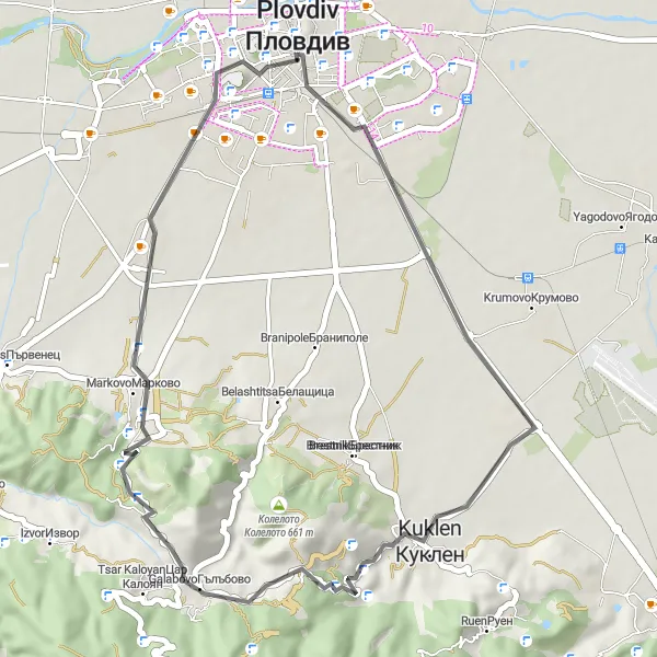 Map miniature of "The Kuklen Circuit" cycling inspiration in Yuzhen tsentralen, Bulgaria. Generated by Tarmacs.app cycling route planner