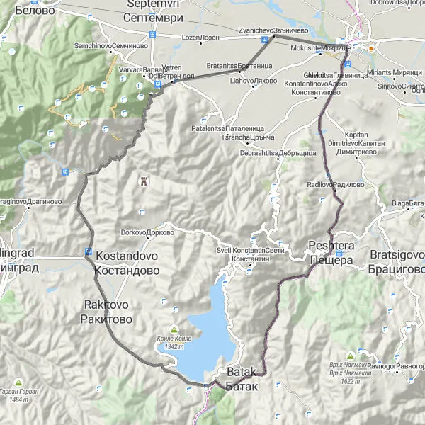 Map miniature of "Rakitovo - Vrah Gradishteto" cycling inspiration in Yuzhen tsentralen, Bulgaria. Generated by Tarmacs.app cycling route planner