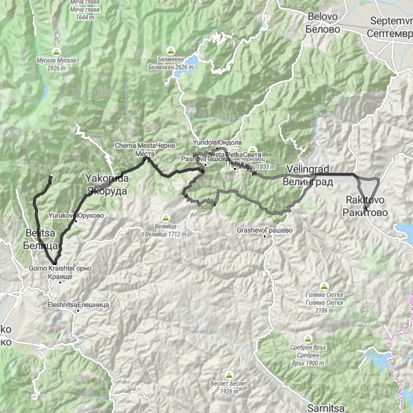 Map miniature of "The Mountain Challenge" cycling inspiration in Yuzhen tsentralen, Bulgaria. Generated by Tarmacs.app cycling route planner