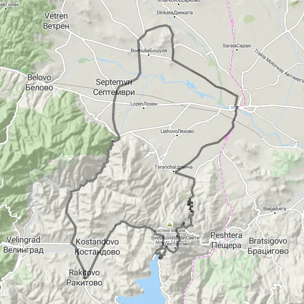 Map miniature of "Rakitovo - Kostandovo" cycling inspiration in Yuzhen tsentralen, Bulgaria. Generated by Tarmacs.app cycling route planner