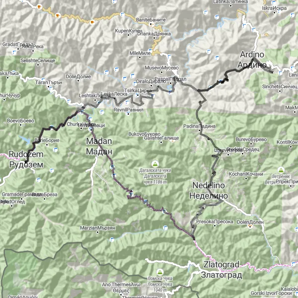 Map miniature of "Rudozem to Madan and back" cycling inspiration in Yuzhen tsentralen, Bulgaria. Generated by Tarmacs.app cycling route planner