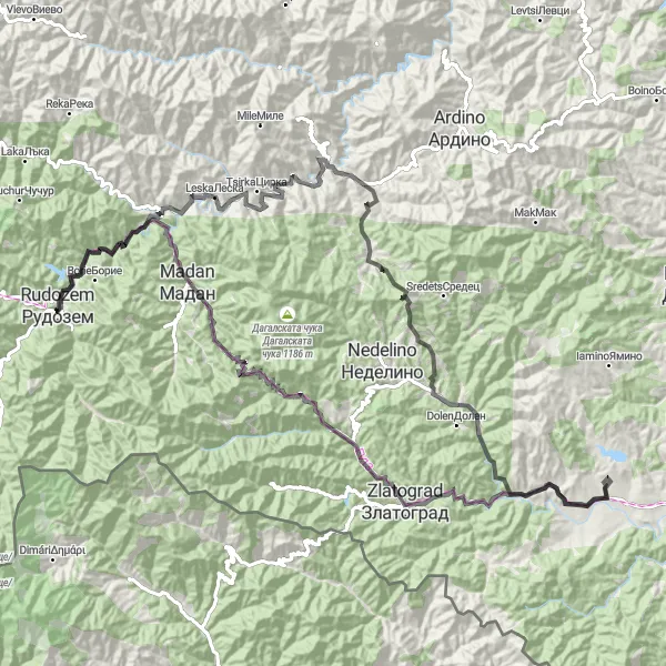 Map miniature of "From Rudozem to Zlatograd and back" cycling inspiration in Yuzhen tsentralen, Bulgaria. Generated by Tarmacs.app cycling route planner