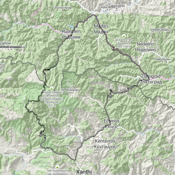 Map miniature of "The Chukata Challenge" cycling inspiration in Yuzhen tsentralen, Bulgaria. Generated by Tarmacs.app cycling route planner