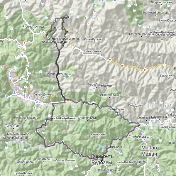 Map miniature of "Quintessential Rudozem" cycling inspiration in Yuzhen tsentralen, Bulgaria. Generated by Tarmacs.app cycling route planner