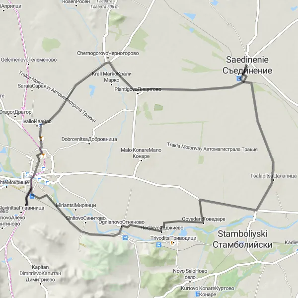 Map miniature of "Tsalapitsa and Pazardzhik Adventure" cycling inspiration in Yuzhen tsentralen, Bulgaria. Generated by Tarmacs.app cycling route planner