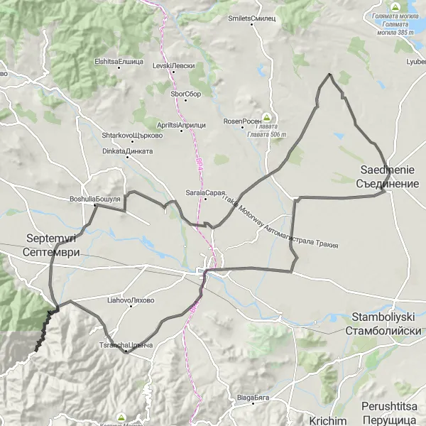 Map miniature of "Discovering the Countryside" cycling inspiration in Yuzhen tsentralen, Bulgaria. Generated by Tarmacs.app cycling route planner