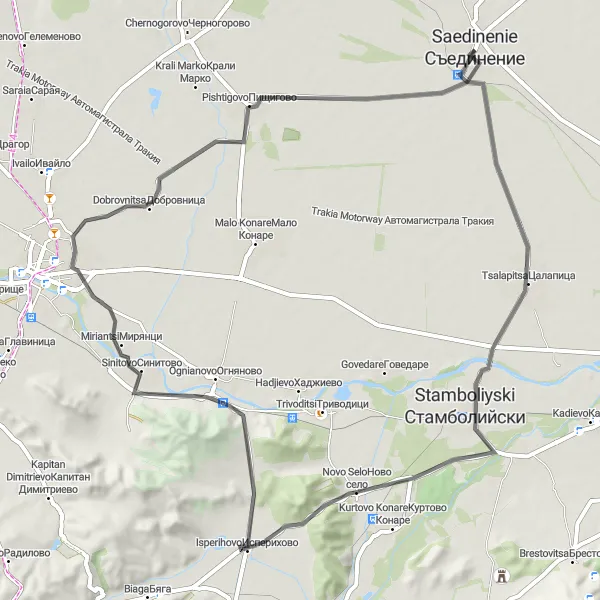 Map miniature of "Cycling Through Novo Selo and Pishtigovo" cycling inspiration in Yuzhen tsentralen, Bulgaria. Generated by Tarmacs.app cycling route planner