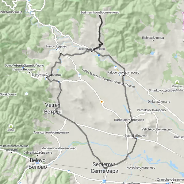 Map miniature of "The Vetren Quest" cycling inspiration in Yuzhen tsentralen, Bulgaria. Generated by Tarmacs.app cycling route planner