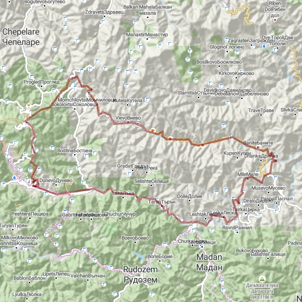 Map miniature of "The Ultimate Gravel Challenge" cycling inspiration in Yuzhen tsentralen, Bulgaria. Generated by Tarmacs.app cycling route planner