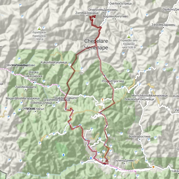 Map miniature of "Gravel Delight" cycling inspiration in Yuzhen tsentralen, Bulgaria. Generated by Tarmacs.app cycling route planner