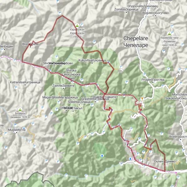 Map miniature of "Hidden Gems of the Rhodope Mountains" cycling inspiration in Yuzhen tsentralen, Bulgaria. Generated by Tarmacs.app cycling route planner