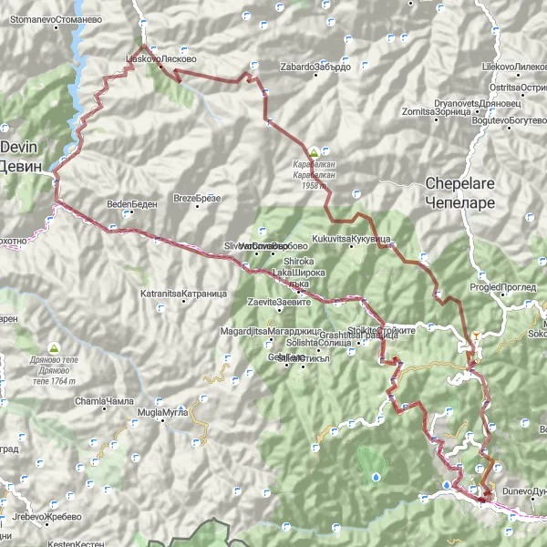 Map miniature of "The Gravel Challenge" cycling inspiration in Yuzhen tsentralen, Bulgaria. Generated by Tarmacs.app cycling route planner