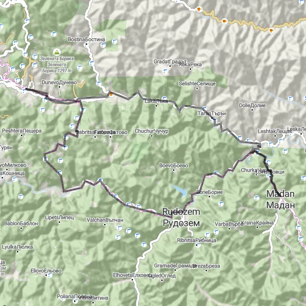 Map miniature of "Serene Road Cycling" cycling inspiration in Yuzhen tsentralen, Bulgaria. Generated by Tarmacs.app cycling route planner