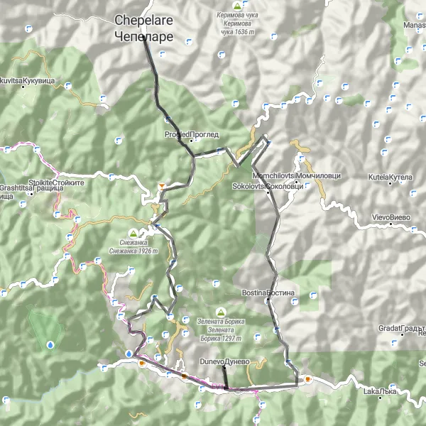 Map miniature of "Road Cycling Odyssey around Smolyan" cycling inspiration in Yuzhen tsentralen, Bulgaria. Generated by Tarmacs.app cycling route planner