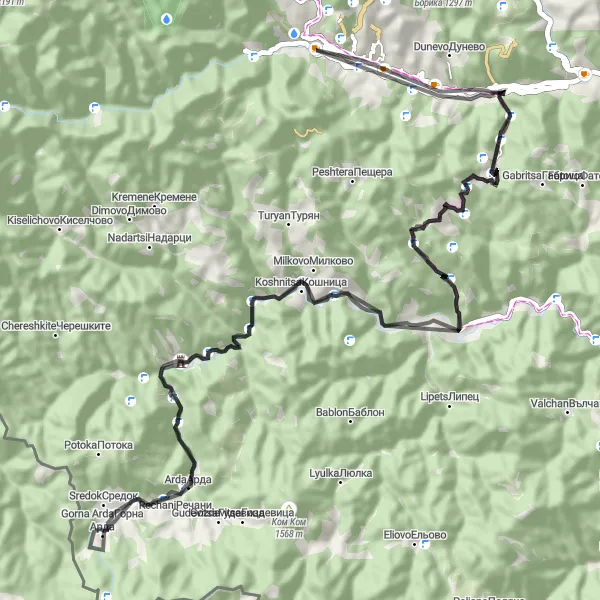 Map miniature of "Conquer the Mountain Hills by Road" cycling inspiration in Yuzhen tsentralen, Bulgaria. Generated by Tarmacs.app cycling route planner