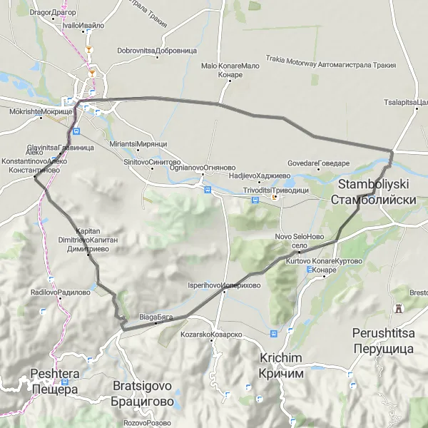 Map miniature of "Pazardzhik Discovery" cycling inspiration in Yuzhen tsentralen, Bulgaria. Generated by Tarmacs.app cycling route planner