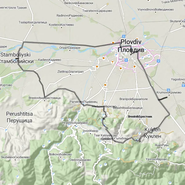 Map miniature of "Orizari Adventure" cycling inspiration in Yuzhen tsentralen, Bulgaria. Generated by Tarmacs.app cycling route planner