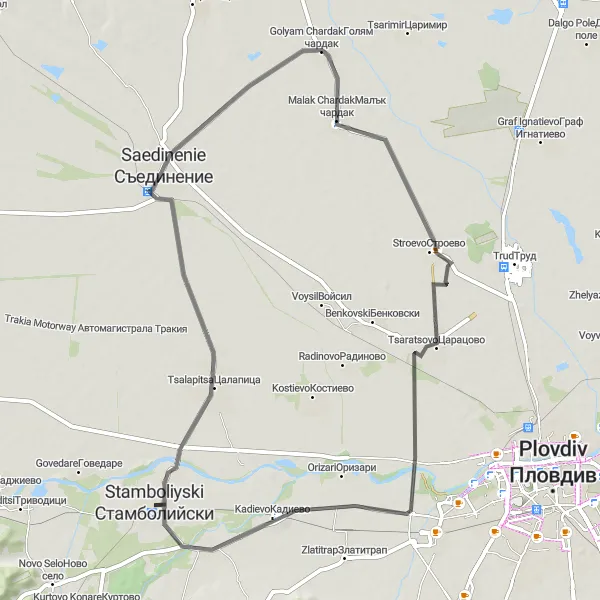 Map miniature of "Saedinenie Loop" cycling inspiration in Yuzhen tsentralen, Bulgaria. Generated by Tarmacs.app cycling route planner