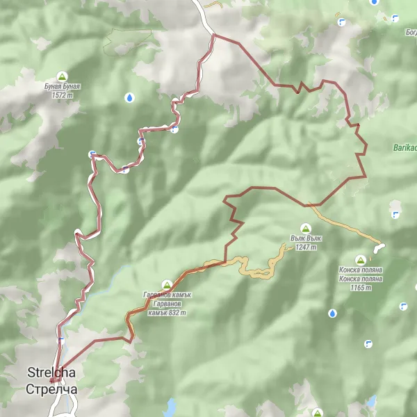 Map miniature of "Strelcha Gravel Loop" cycling inspiration in Yuzhen tsentralen, Bulgaria. Generated by Tarmacs.app cycling route planner