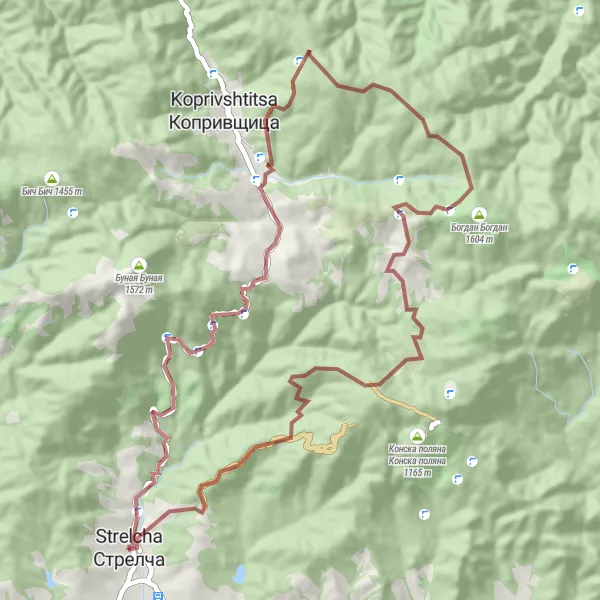 Map miniature of "Scenic Gravel Loop from Strelcha" cycling inspiration in Yuzhen tsentralen, Bulgaria. Generated by Tarmacs.app cycling route planner