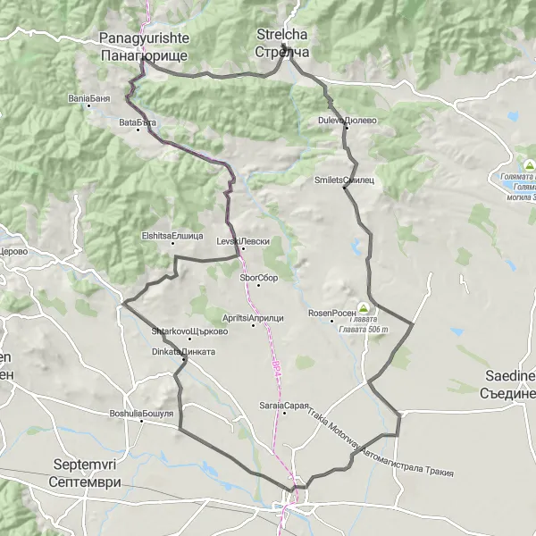 Map miniature of "Road Cycling Tour in Strelcha, Bulgaria" cycling inspiration in Yuzhen tsentralen, Bulgaria. Generated by Tarmacs.app cycling route planner