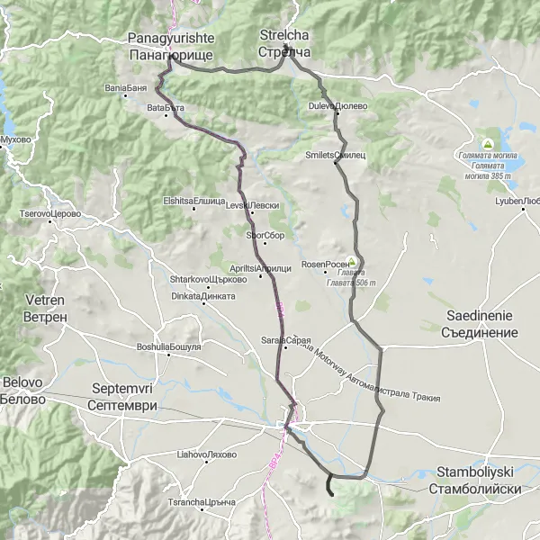 Map miniature of "The Smilets Adventure" cycling inspiration in Yuzhen tsentralen, Bulgaria. Generated by Tarmacs.app cycling route planner