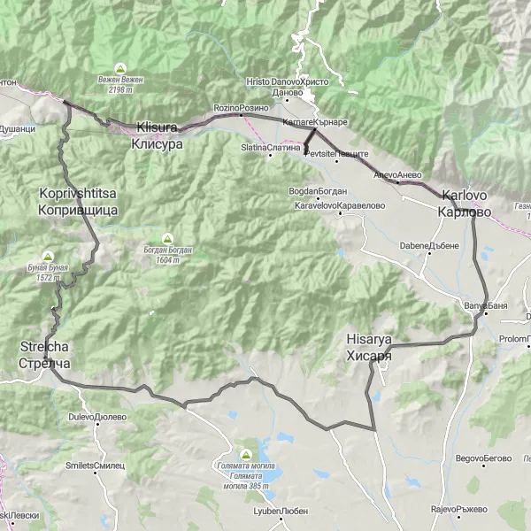 Map miniature of "Scenic Road Tour near Strelcha" cycling inspiration in Yuzhen tsentralen, Bulgaria. Generated by Tarmacs.app cycling route planner
